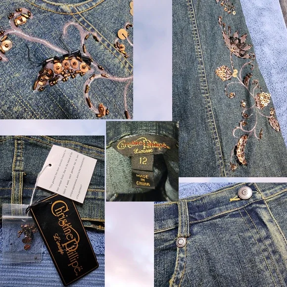 NWT Vtg Y2k Christine Phillipe ItGirl Preppy Beaded Floral Denim Skirt Sz 12 - Picture 4 of 4